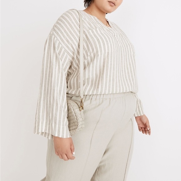 Madewell Linen Blend Lakeline Popover Shirt  NF313 Hester Stripe Cream Green XS - Picture 2 of 6